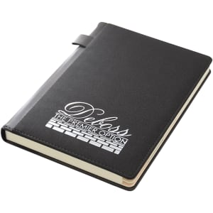 A black A5 notebook with a textured cover and a logo. It features a strap closure and cream-coloured pages.