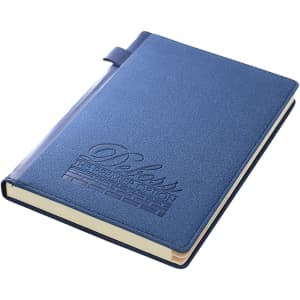 A navy blue A5 notebook with a textured cover and a brand logo embossed on the front.
