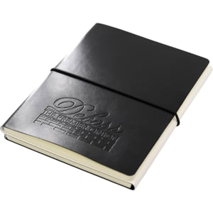 A black A5 notebook with a textured cover, featuring an elastic band closure and an embossed logo.