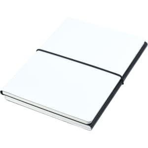 A black and white A5 notebook with an elastic band closure, featuring a sleek, minimalist design.
