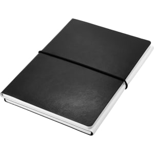 A black and white A5 notebook with a smooth cover and elastic band closure. It features a simple design and a logo.
