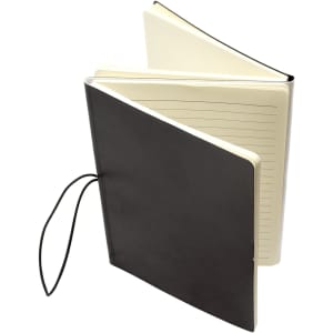 A black and white A5 notebook featuring lined and blank pages, with a black elastic closure and a branded logo.