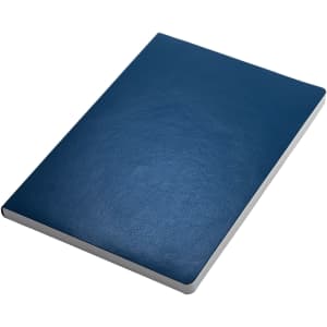 A navy blue A5 notebook with a textured cover and a white spine, featuring a simple design and a logo.
