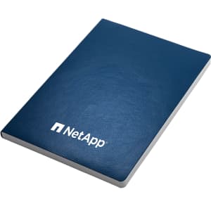 A blue A5 notebook with a smooth cover, featuring a logo on the front. It has a sleek, professional design.