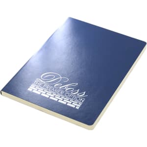 A navy blue A5 notebook with a smooth cover and a logo printed on the front.