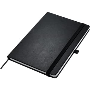 Apex A5 notebook with a black textured cover, featuring an elastic band closure and a ribbon marker.