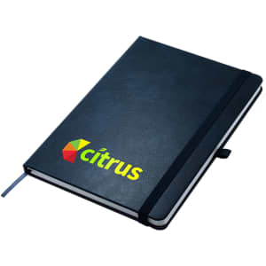 A black A5 notebook with a textured cover, featuring a logo on the front and an elastic band closure.
