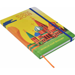 A bright A5 notebook featuring a colourful design with buildings, an elastic band, and ribbon marker. It has a logo present.