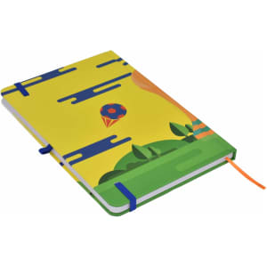 A vibrant A5 notebook featuring a colourful design with green and yellow hues, complete with an elastic strap and bookmark.