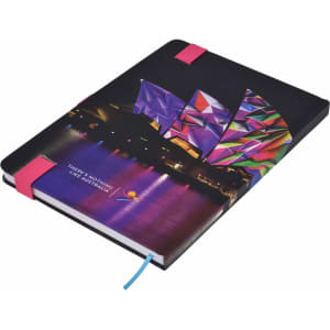 A full colour A5 notebook featuring a vibrant design with a black cover and pink elastic bands.
