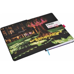 A full colour matt A5 notebook featuring a vibrant decorative cover and a ribbon bookmark.