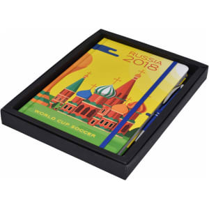 A vibrant A5 notebook in a boxed set featuring a colourful cover design and a pen, with a logo present.