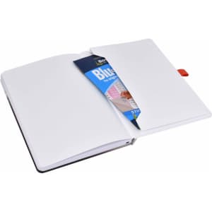 An A5 notebook with a matt finish, featuring a red ribbon bookmark and an insert. The notebook is open, showing blank pages.