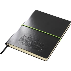 A black A5 notepad with a textured cover and an elastic band, featuring an embossed logo.