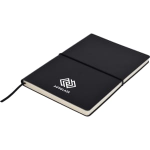 A black A5 notepad with a ribbon bookmark and an elastic closure, featuring a logo on the cover.
