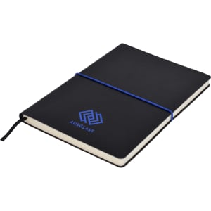 A black A5 notepad with a blue elastic band and a logo on the cover. The pages are cream-coloured.