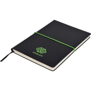 A black A5 notepad with a green elastic band and logo on the cover. Features blank pages inside.