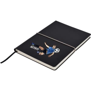 A black A5 notepad with an elastic band, featuring an image of a soccer player and a logo.