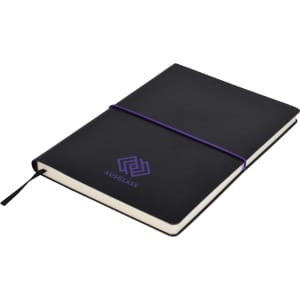 A black A5 notepad with a purple elastic band and logo on the cover, featuring plain pages.