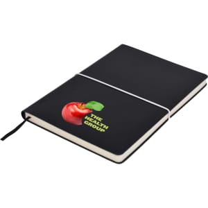 A black A5 notepad with an elastic closure and a logo featuring an apple and text.