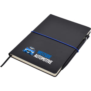 A black A5 notepad with an elastic band and pen, featuring a logo on the cover.