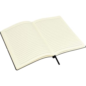 A notepad with lined pages and a black cover, featuring a ribbon bookmark.