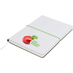 A white A5 notepad with a green elastic band, featuring a red apple graphic and a logo.