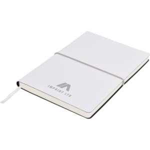A white A5 notepad with a grey elastic band and a logo on the cover, featuring a black spine and pages.