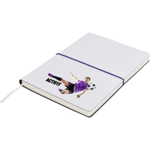 A purple-bound notepad featuring an illustration of a soccer player and a logo on the cover.