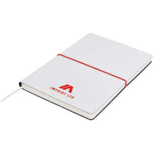 A white A5 notepad with a red elastic band, featuring a logo on the cover.