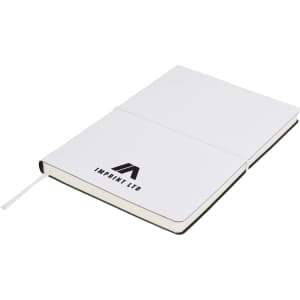 A white A5 notepad with a black elastic band and a logo on the cover, featuring plain pages inside.