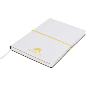 A white A5 notepad with a yellow elastic band and a logo on the cover, featuring black inner pages.