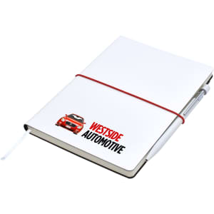 A white A5 notepad with an elastic band, featuring a logo and an image of a car on the cover.