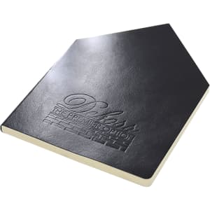 A black A5 notebook with a textured cover and embossed logo, featuring a unique pentagon shape.