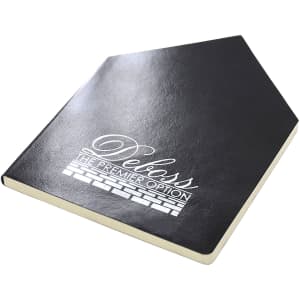 A black A5 notebook with a unique diagonal cover shape and a logo on the front.