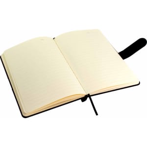 An open A5 notebook with lined pages, featuring a black cover and ribbon bookmark.