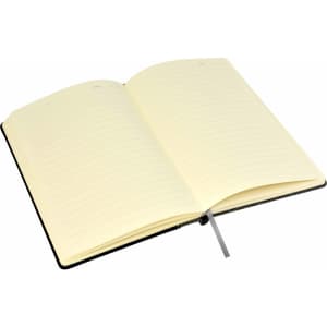 An open A5 notebook with lined pages and a black/grey cover, featuring a ribbon bookmark.