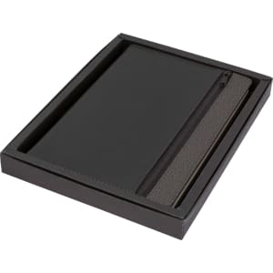 A black A5 notebook with dark grey trim, presented in a black box. It includes a zippered compartment.