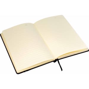 An A5 notebook with black and dark grey trim, featuring cream-coloured lined pages and a ribbon marker.