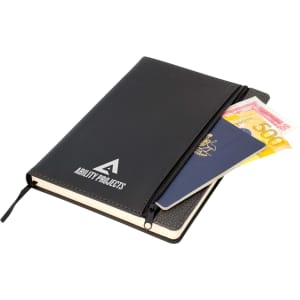 A black A5 notebook with dark grey trim, featuring a zip pocket holding a passport and currency.