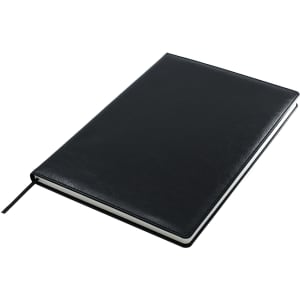A black A4 notebook with a smooth cover and a ribbon bookmark. It features a logo on the front.