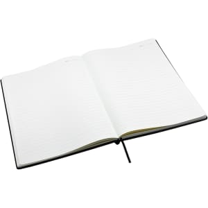 A black A4 notebook with lined pages and a ribbon marker, open and displaying its interior.