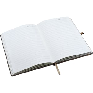 A brown bonded leather A5 notebook, open to reveal lined pages and a ribbon bookmark.