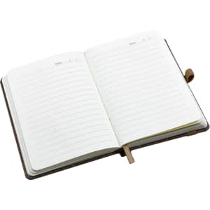 An A6 Italian bonded leather notebook with lined pages and a ribbon bookmark, featuring a brown exterior.