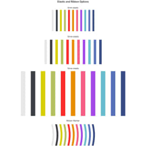 A collection of elastic and ribbon options in various colours, displayed in different widths: 6mm, 10mm, and 15mm.