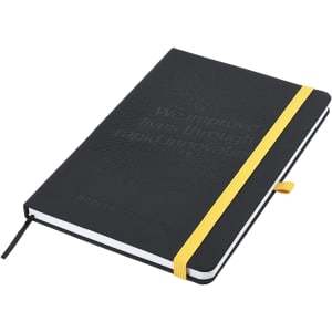 A black A5 notebook with a debossed design and a yellow elastic band. It features a logo on the cover.