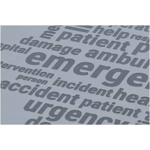 A grey notebook featuring debossed words related to emergency services and healthcare. It has a branded logo.