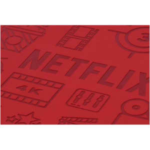 A red notebook cover features debossed design elements related to film and streaming. It includes a branding logo.