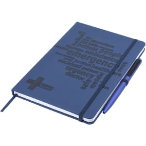 A navy blue A5 notebook with a debossed design and a matching pen, featuring an elastic band closure.