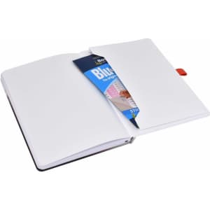 A soft-touch A5 notebook with a black cover, featuring a red ribbon marker and an open page displaying a blue flyer inside.